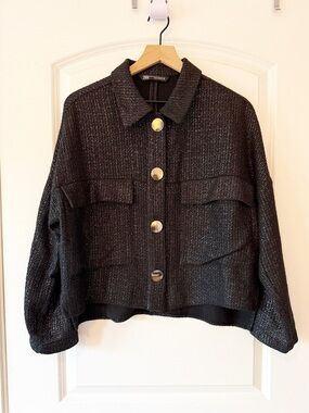 Zara Black Metallic Button Up Lightweight Jacket Cardigan XS/Small